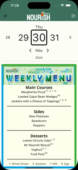 School menu view in the Nourish app